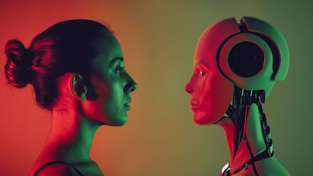 Human communications strategist facing an AI robot, illustrating the role of AI and human judgement in an AI PR agency